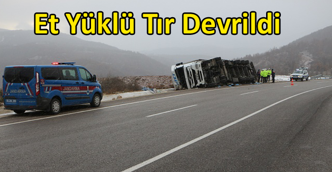 ET YÜKLÜ TIR DEVRİLDİ, SÜRÜCÜ YARALANDI