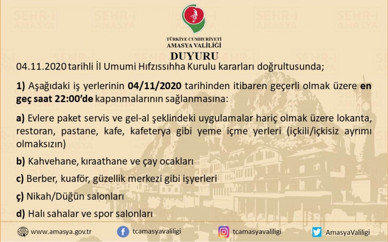 Amasya Valiliği 04.11.2020 tarihli ve 2020/74 sayılı İl Umumi Hıfzıssıhha Kurul Kararları 