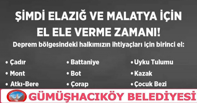 Gümüşhacıköy Belediyesi'nden Elazığ için Yardım Kampanyası