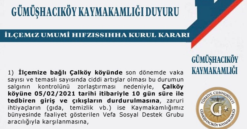 Gümüşhacıköy'de Bir Köy Karantinaya Alındı