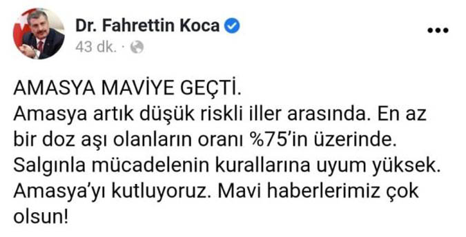 Sağlık Bakanı Koca, mavi kategoride yer alan Amasya'yı kutladı