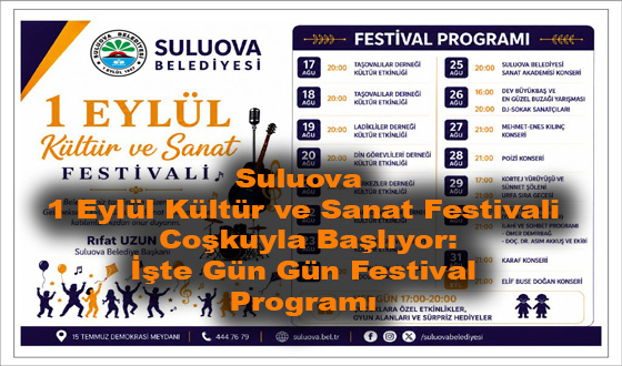 Suluova 1 Eylül Kültür ve Sanat Festivali Coşkuyla Başlıyor: İşte Gün Gün Festival Programı